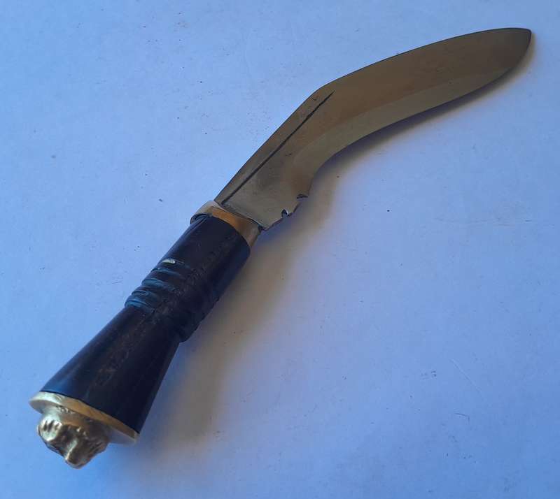 Vintage Khotimora Kukri with Inlaid Brass and Embossed Silver Scabbard.