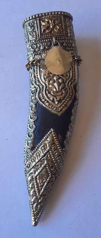 Vintage Khotimora Kukri with Inlaid Brass and Embossed Silver Scabbard.