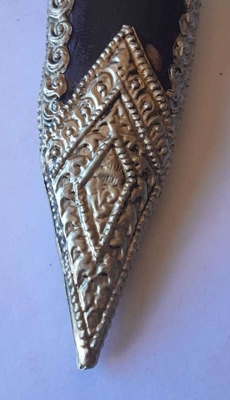 Vintage Khotimora Kukri with Inlaid Brass and Embossed Silver Scabbard.