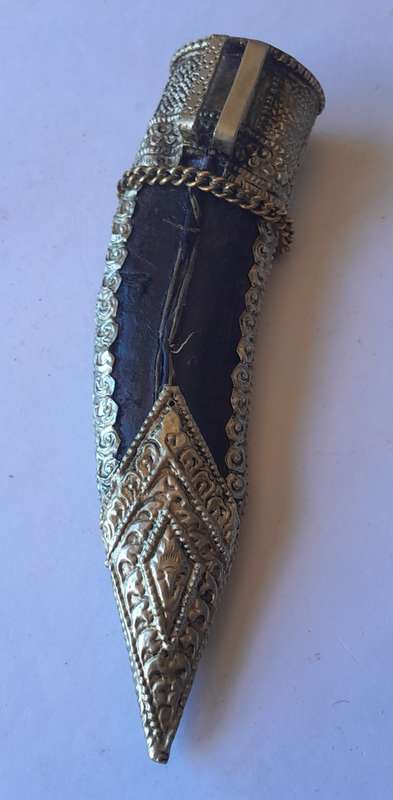 Vintage Khotimora Kukri with Inlaid Brass and Embossed Silver Scabbard.