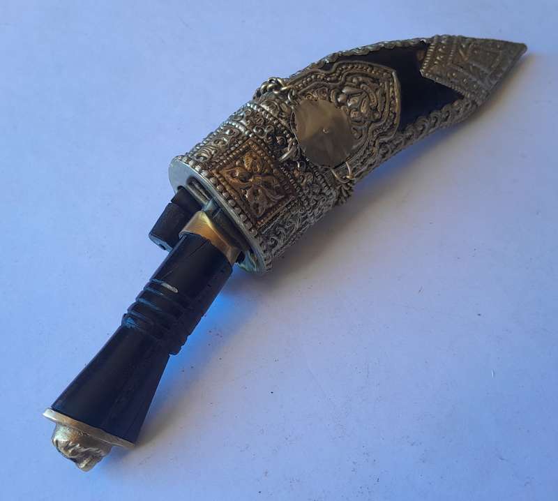 Vintage Khotimora Kukri with Inlaid Brass and Embossed Silver Scabbard.