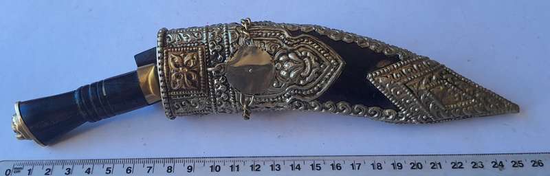 Vintage Khotimora Kukri with Inlaid Brass and Embossed Silver Scabbard.
