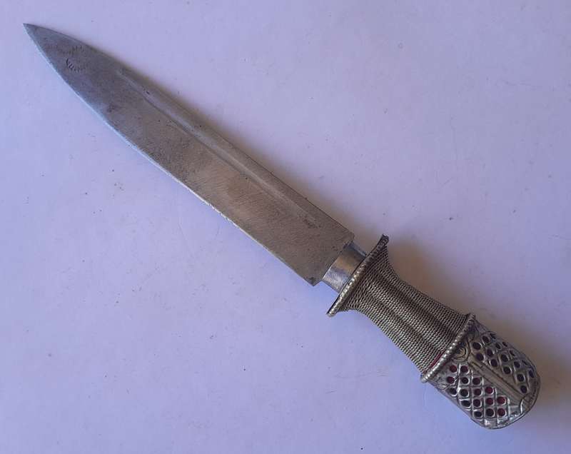 Antique Bhutanese Belt Mounted Dagger with Embossed Scabbard.