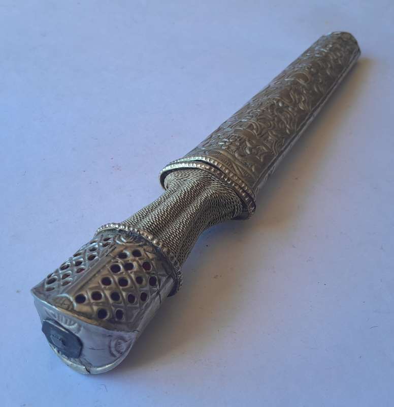 Antique Bhutanese Belt Mounted Dagger with Embossed Scabbard.