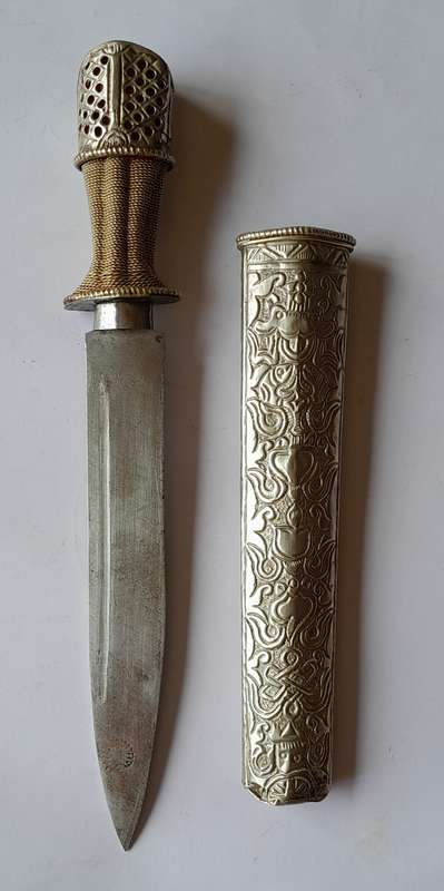 Antique Bhutanese Belt Mounted Dagger with Embossed Scabbard.