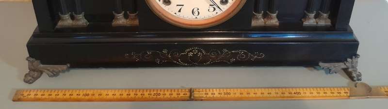 Antique Large Ingraham 8-Column Ebonized Mantel Clock. Running. 51cm.