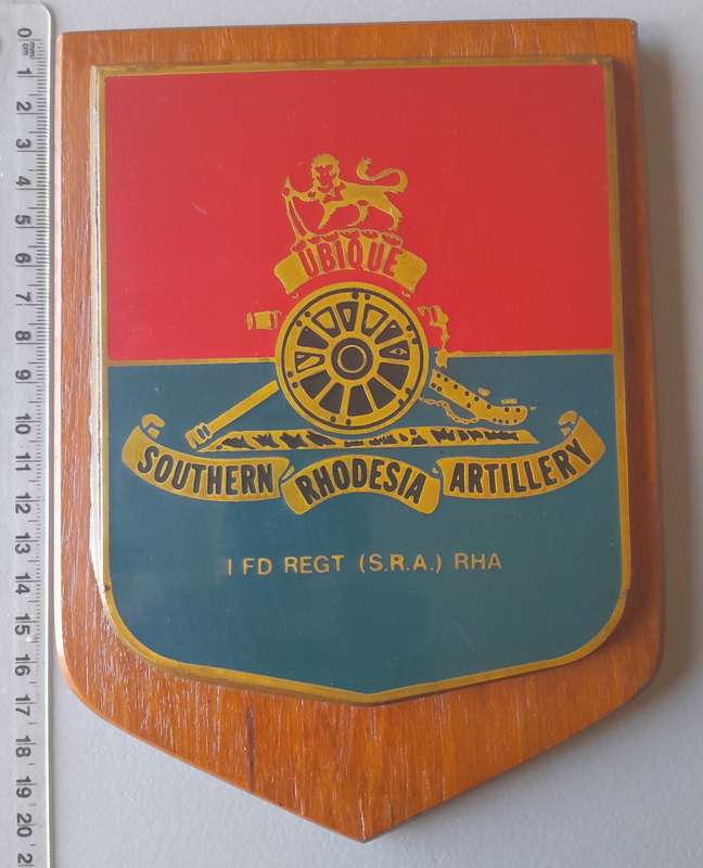 Vintage Southern Rhodesia Artillery Plaque. 1 FD REGT (S.R.A.) RHA. 20 x 15cm.