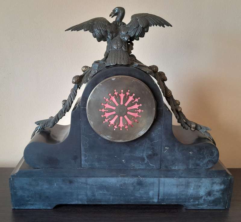 Antique French AD Mougin Black Slate And Bronze Mantel Clock.  50 x 45cm. 22 Kg. Running.