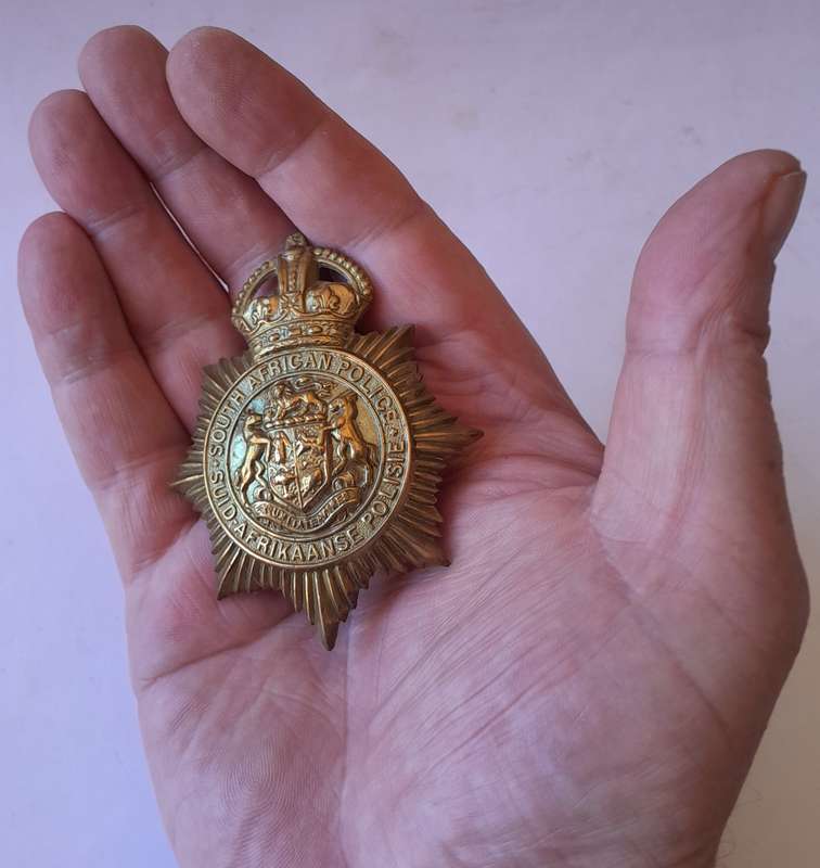 Early SA Police Union of South Africa Helmet Badge.  Lugs Intact.  Excellent Condition.