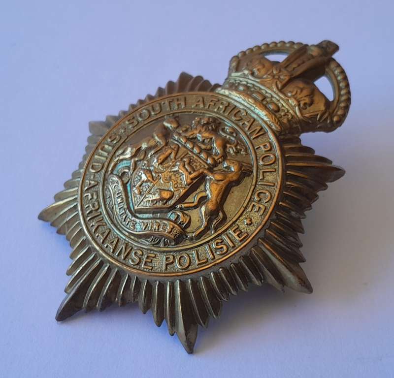 Early SA Police Union of South Africa Helmet Badge.  Lugs Intact.  Excellent Condition.