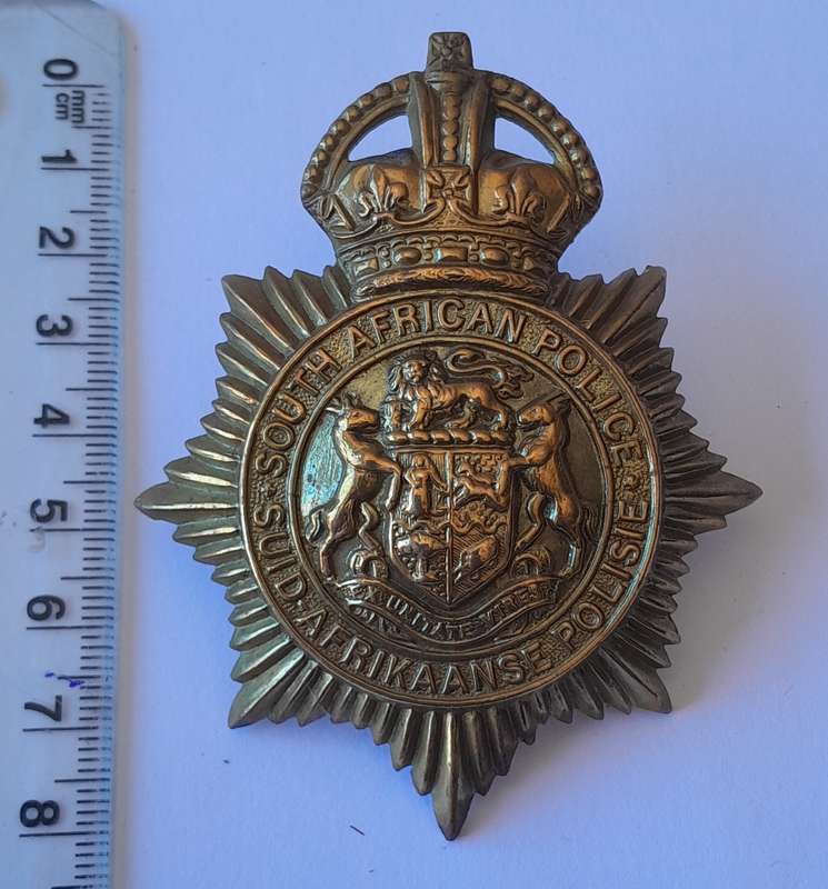 Early SA Police Union of South Africa Helmet Badge.  Lugs Intact.  Excellent Condition.