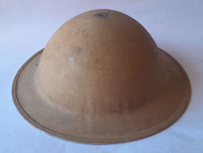 WW2 SA Brodie Helmet.  North Africa Campaign with Desert Camo. Original Chin Strap. No Inner.