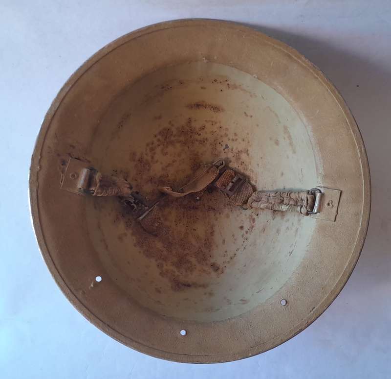 WW2 SA Brodie Helmet.  North Africa Campaign with Desert Camo. Original Chin Strap. No Inner.