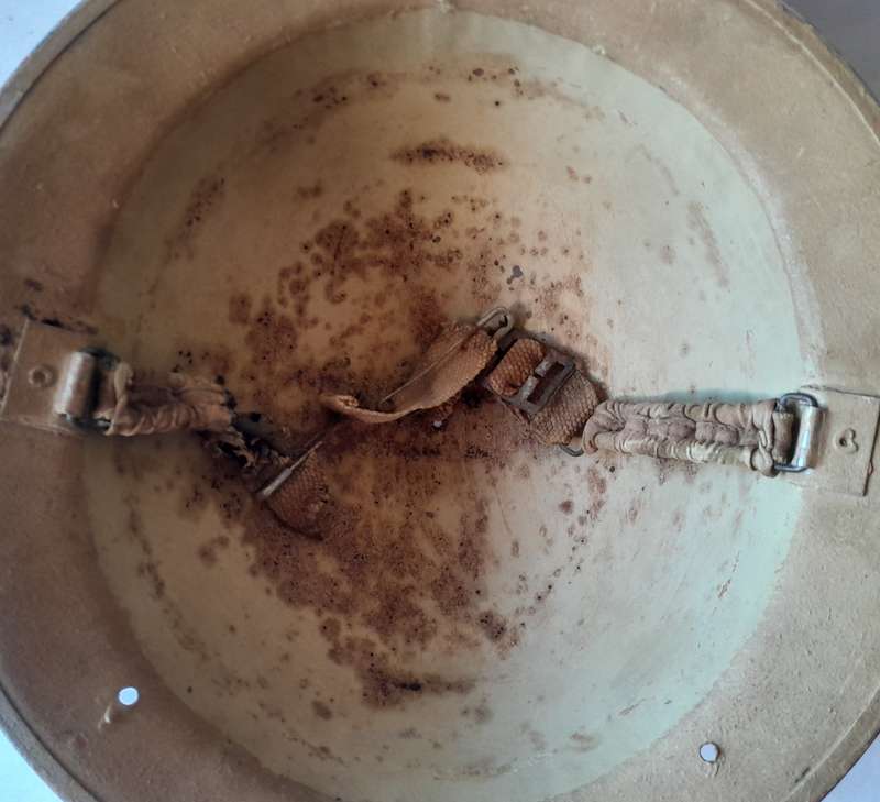 WW2 SA Brodie Helmet.  North Africa Campaign with Desert Camo. Original Chin Strap. No Inner.