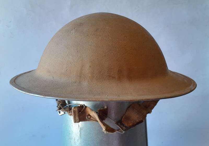 WW2 SA Brodie Helmet.  North Africa Campaign with Desert Camo. Original Chin Strap. No Inner.