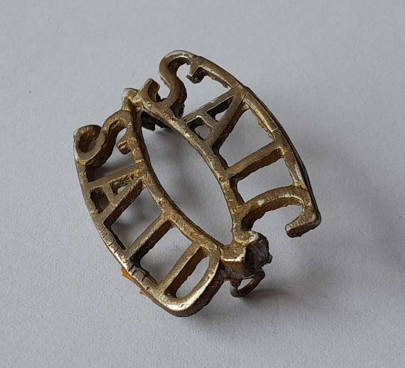 Early SA Army Instructional Corp Brass Shoulder Title.  Lugs Intact.