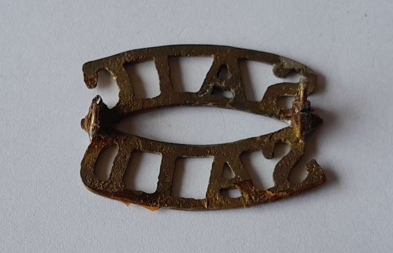 Early SA Army Instructional Corp Brass Shoulder Title.  Lugs Intact.