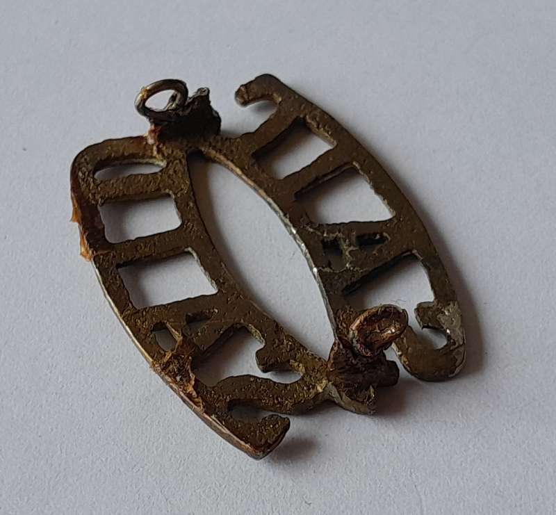Early SA Army Instructional Corp Brass Shoulder Title.  Lugs Intact.