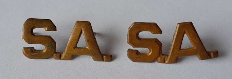 Pair SA Army Brass "S.A." Shoulder Titles.  Pins Intact.