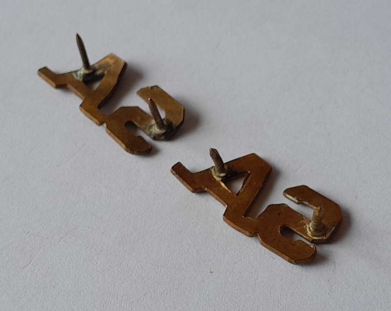 Pair SA Army Brass "S.A." Shoulder Titles.  Pins Intact.