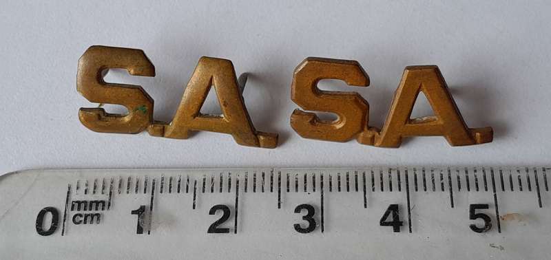 Pair SA Army Brass "S.A." Shoulder Titles.  Pins Intact.