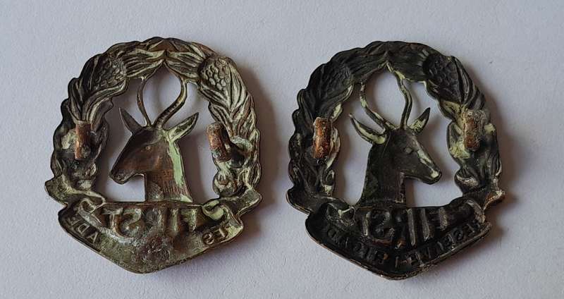 Pair WW2 SA Army First Reserve Brigade Collar Badges.  Lugs Intact.