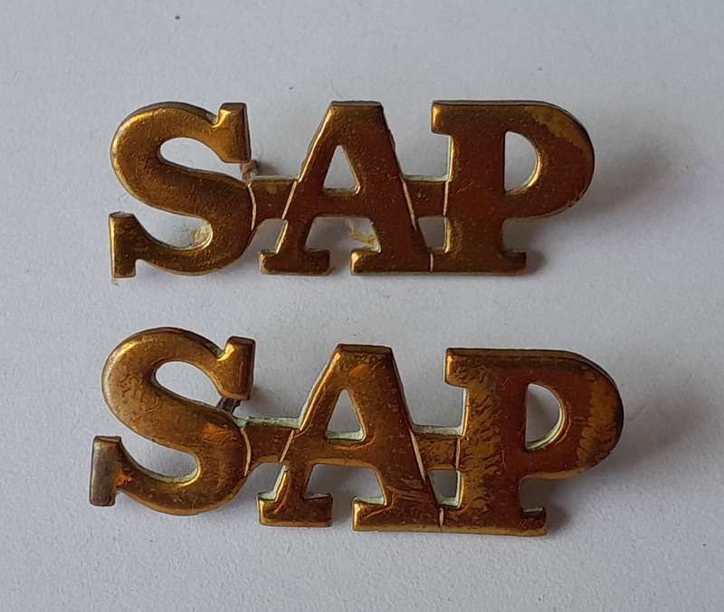 Early Pair SA Police Brass Shoulder Titles.  3 Pins Intact.