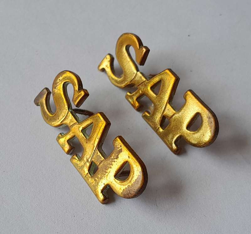 Early Pair SA Police Brass Shoulder Titles.  3 Pins Intact.