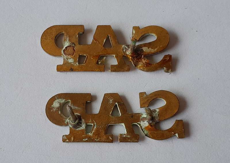 Early Pair SA Police Brass Shoulder Titles.  3 Pins Intact.