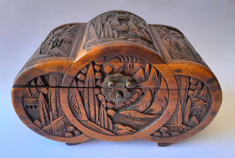 Antique Chinese Hand-Carved Camphor Wood Box Chest. 25.5cm.