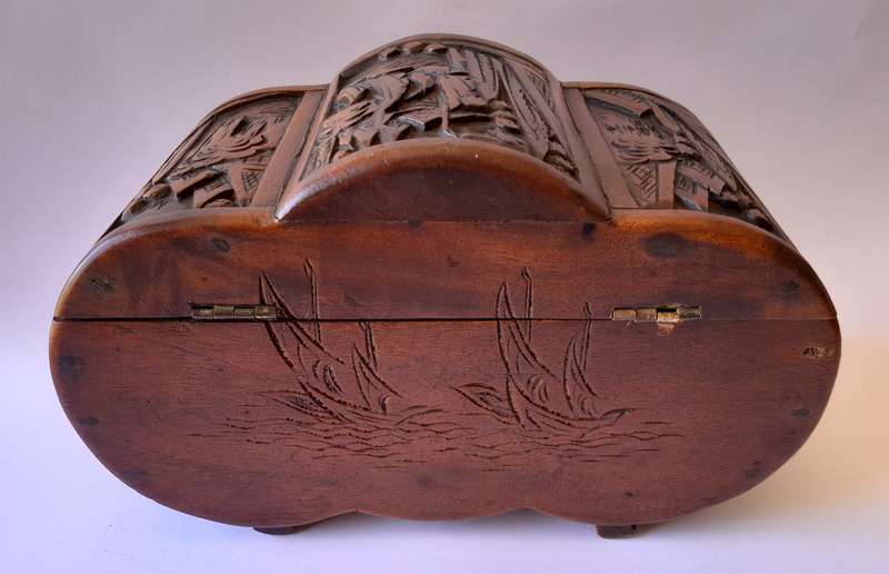 Antique Chinese Hand-Carved Camphor Wood Box Chest. 25.5cm.