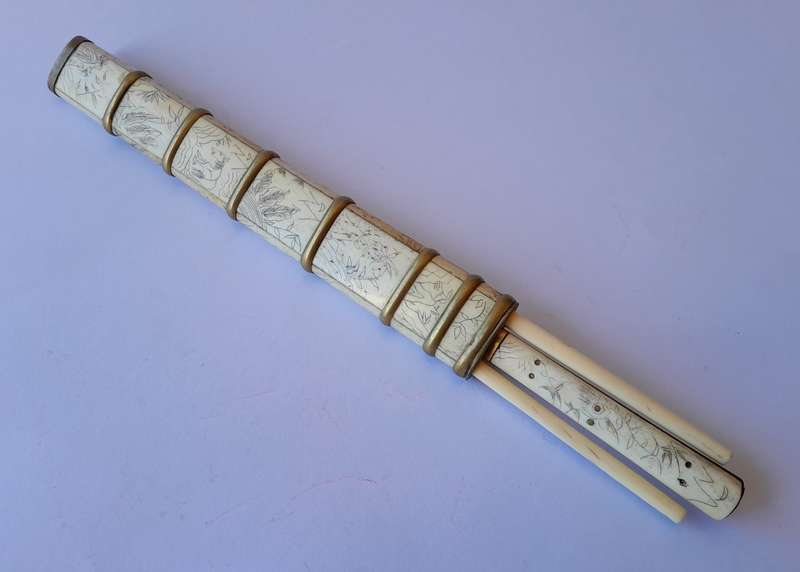 Antique Japanese or Chinese Scrimshaw Bone Trousse (Traveling Dining Set). 18th/19th Century. 26cm.