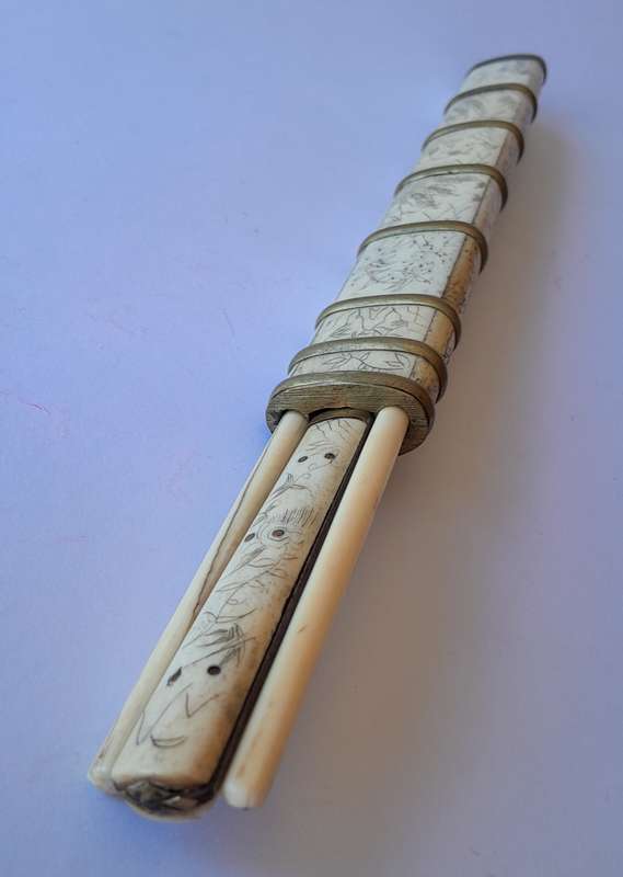 Antique Japanese or Chinese Scrimshaw Bone Trousse (Traveling Dining Set). 18th/19th Century. 26cm.