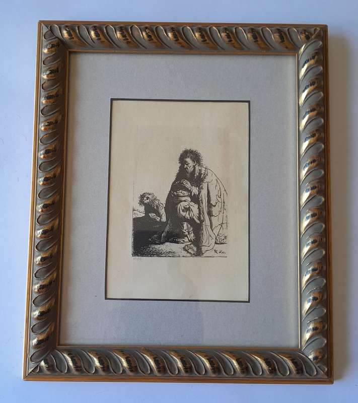 Rembrandt Van Rijn Litho Print "Seated Beggar and his Dog". No139. Gilt Framed (30x25cm).