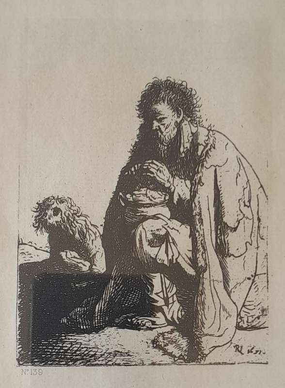 Rembrandt Van Rijn Litho Print "Seated Beggar and his Dog". No139. Gilt Framed (30x25cm).