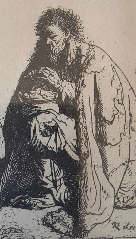 Rembrandt Van Rijn Litho Print "Seated Beggar and his Dog". No139. Gilt Framed (30x25cm).