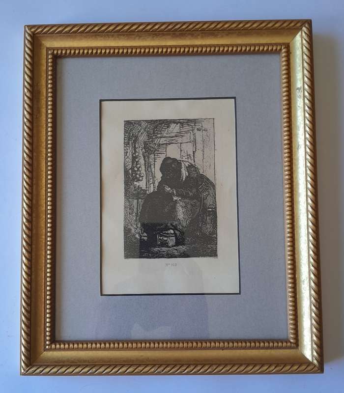 Rembrandt Van Rijn Litho Print "Old Woman Seated in a Cottage". No102. Gilt Framed (29.5x24.5cm).