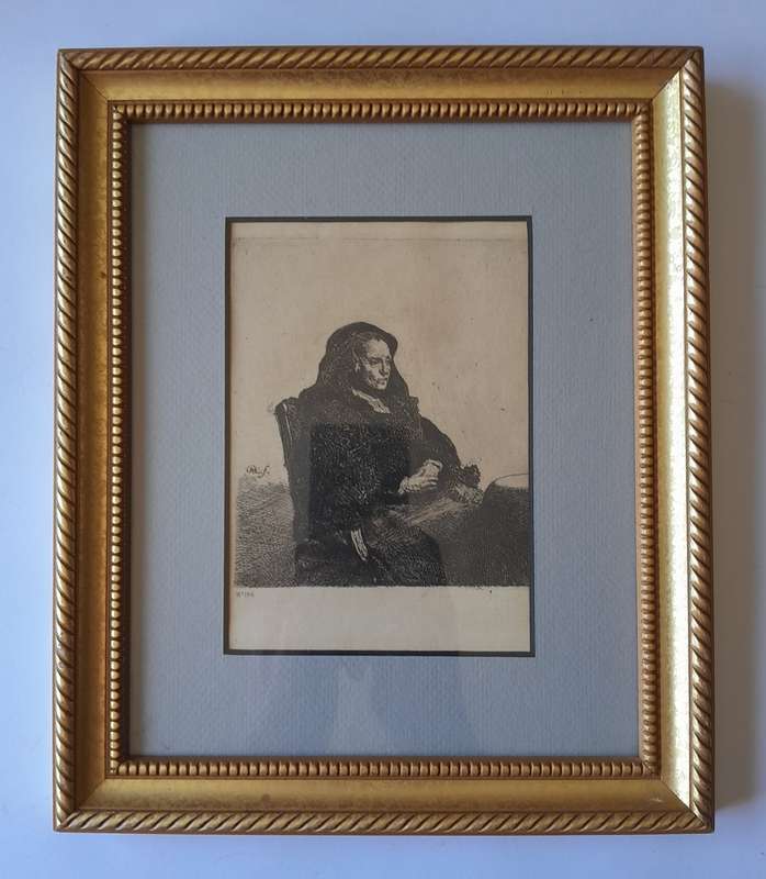 Rembrandt Van Rijn Litho Print "Artist's Mother Seated at a Table".No196. Gilt Framed(29.5x24.5cm).