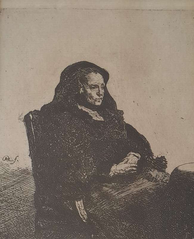 Rembrandt Van Rijn Litho Print "Artist's Mother Seated at a Table".No196. Gilt Framed(29.5x24.5cm).