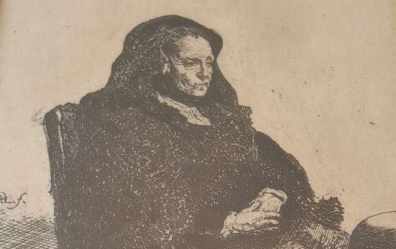 Rembrandt Van Rijn Litho Print "Artist's Mother Seated at a Table".No196. Gilt Framed(29.5x24.5cm).