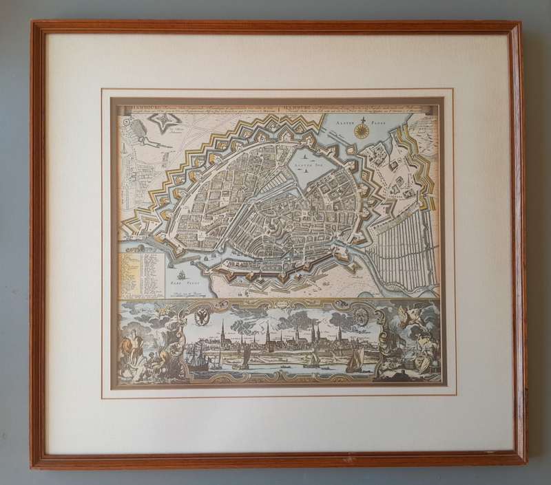 Early Map of 17th/18th Century Hamburg. Framed (53x48cm).