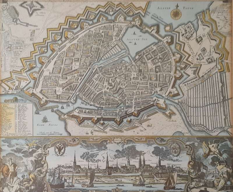 Early Map of 17th/18th Century Hamburg. Framed (53x48cm).