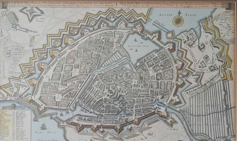 Early Map of 17th/18th Century Hamburg. Framed (53x48cm).