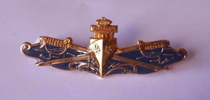 SA Navy Command Brigade Watchkeeping Enameled Gilt Badge.  Pins Intact.