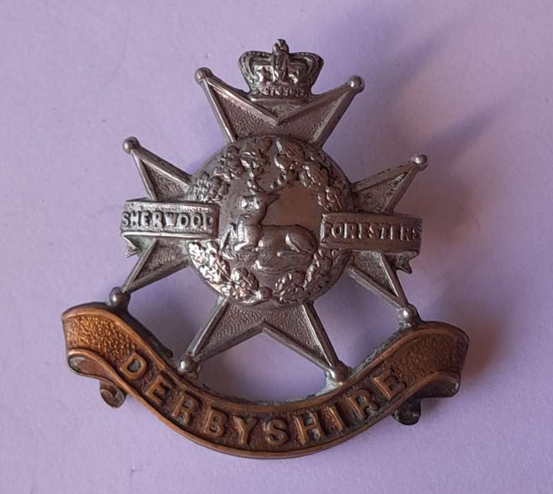 Boer War Derbyshire Regiment (Sherwood Foresters) Cap Badge.  Lugs Intact.