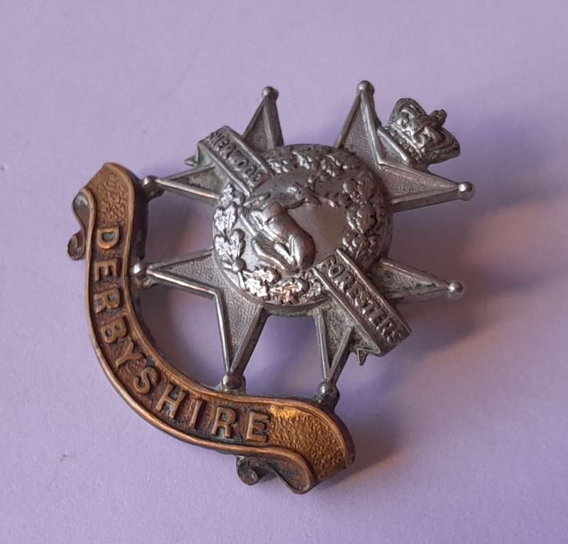 Boer War Derbyshire Regiment (Sherwood Foresters) Cap Badge.  Lugs Intact.