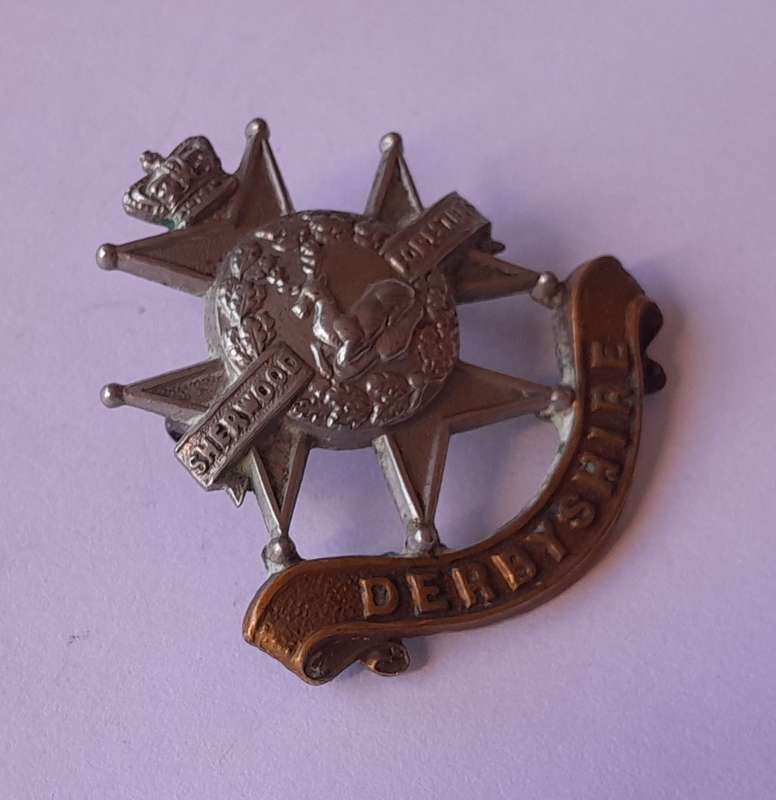 Boer War Derbyshire Regiment (Sherwood Foresters) Cap Badge.  Lugs Intact.