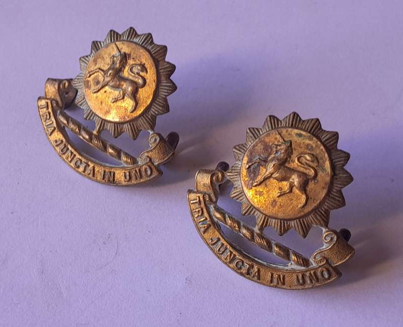 Rare Pair Early Grey High School Cadet Corps Collar Badges.  Lugs Intact.
