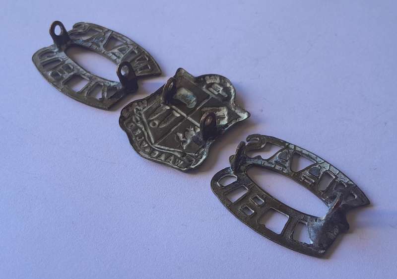 WW2 SA Woman's Auxiliary Service Badge & 2 Titles.  All Lugs Intact.