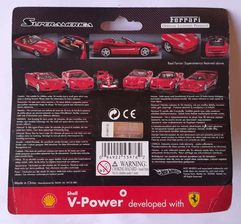 Hot Wheels Shell V-Power Ferrari Superamerica. Scale 1/38 (11.5cm). Sealed In Original Packaging.